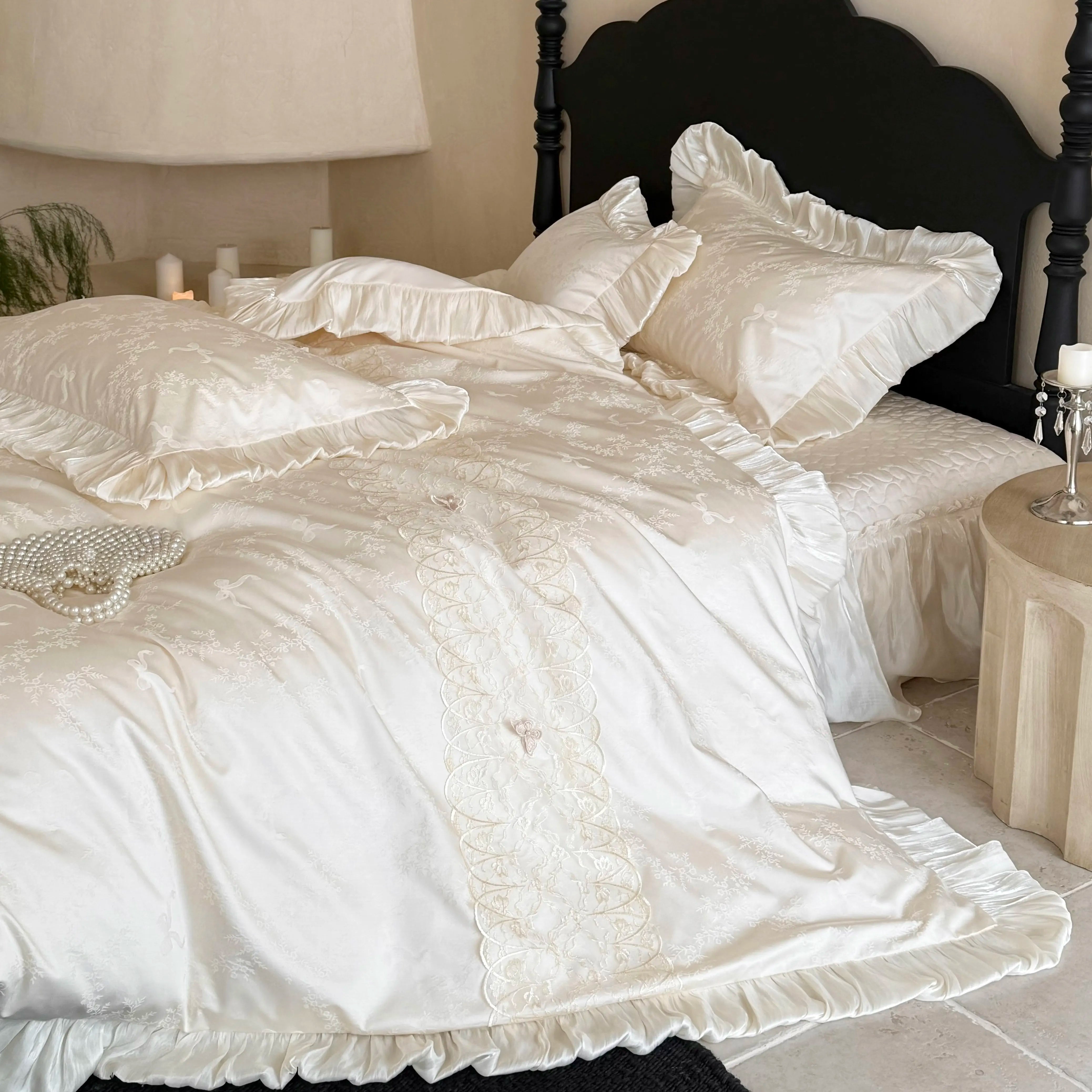 French Exquisite Style Bedroom Tencel Cotton Bed Four Piece Set Pure Cotton Duvet Cover Butterfly Embroidery Jacquard Bed Cover