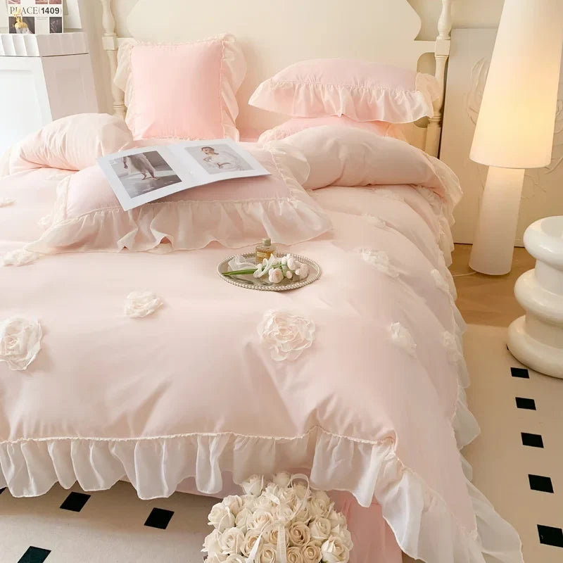 4Pcs French Princess Style Three-Dimensional Rose Flowers White Ruffle 2-Person Cotton Bed Linen Four-Season Pink Bedding Set