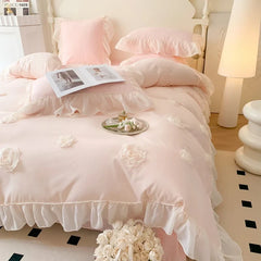 4Pcs French Princess Style Three-Dimensional Rose Flowers White Ruffle 2-Person Cotton Bed Linen Four-Season Pink Bedding Set