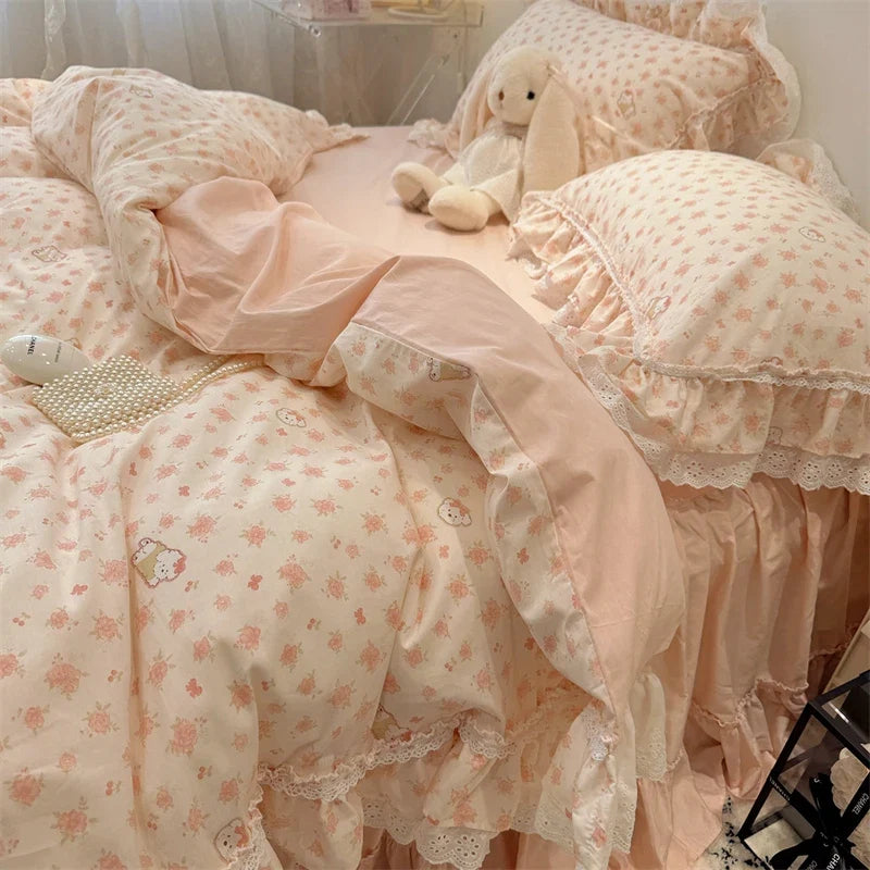 3/4Pcs Korean Princess Style Floral Lace Ruffle 100% Cotton Bedding Set