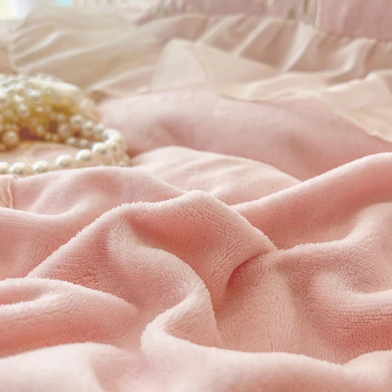 Lace Ruffles Embroidery Milk Velvet Winter Warm Thickened Princess Bedding Set