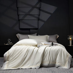 Luxury 600TC Long Staple Cotton Bedding Set, Cream White with Grey Embroidery Border, Soft Duvet Cover Flat Sheet Pillowcases