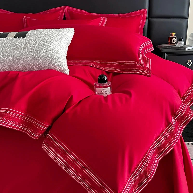 600TC Egyptian Cotton Embroidery Wide Edge Luxury Solid Color Bedding Set