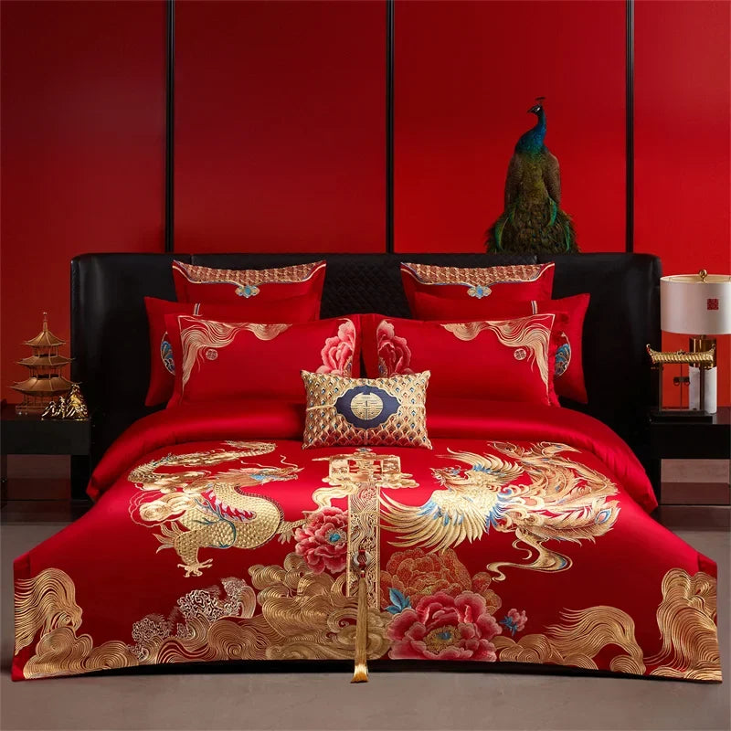 Luxury Chinese Style Wedding Flower Dragon Phoenix Embroidery Bedding Set