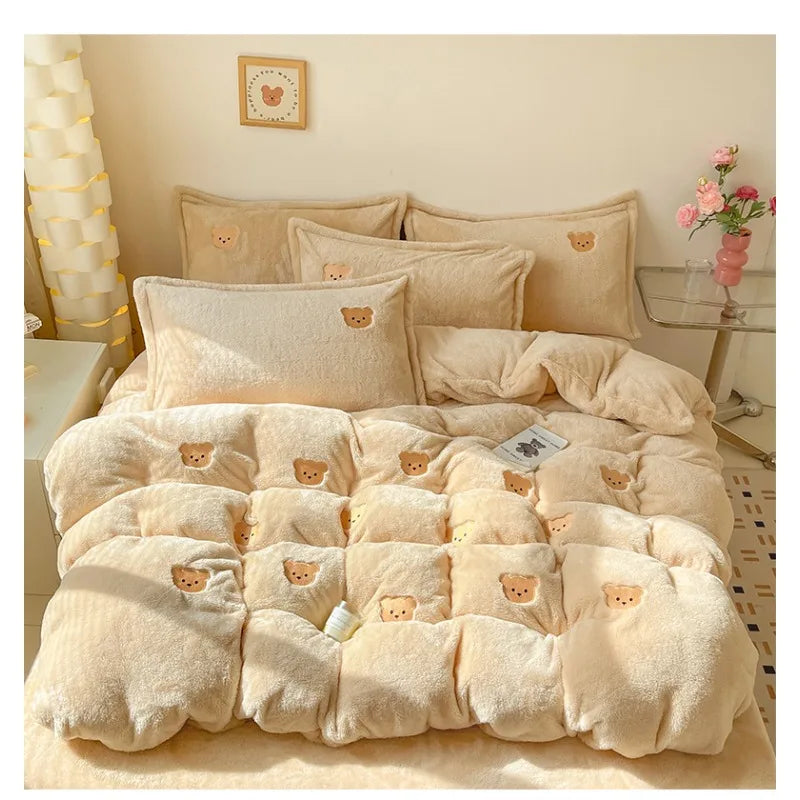 Cartoon Embroidered Plush 4pcs Bedding Set