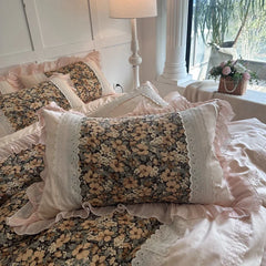 Vintage Floral Print Lace Ruffles Princess Bedding Set