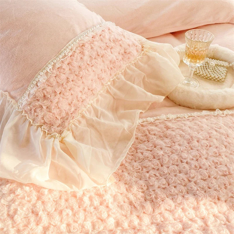 Pink Rose Flowers Short Plush Lace Ruffles Princess Bedding Set