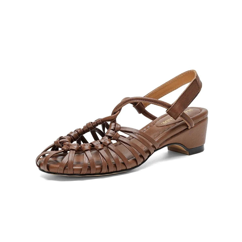 leather cowhide midsole hollow breathable elastic Velcro toe woven round toe Roman Shoes