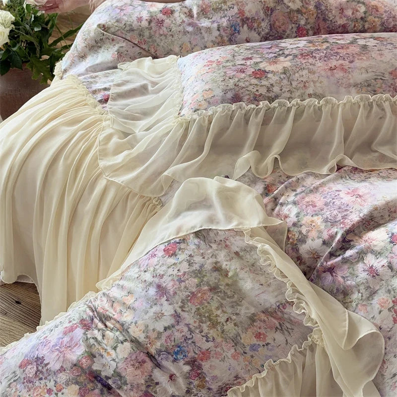 Flowers Print Chiffon Lace Ruffles Princess Bedding Set