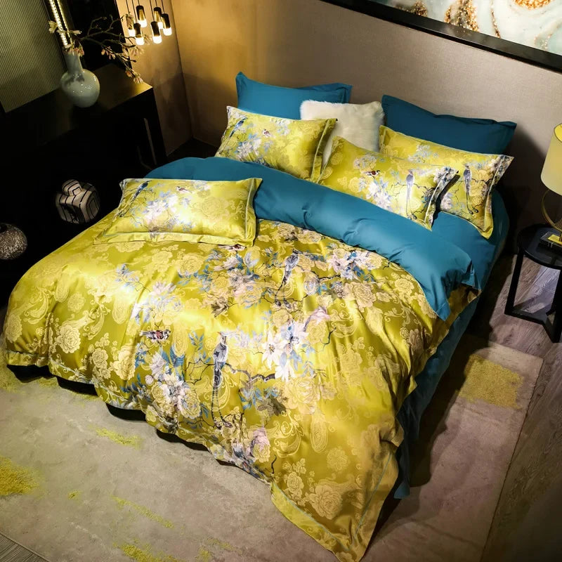 Luxury American Satin Jacquard Cotton Flowers Bird Bedding Set