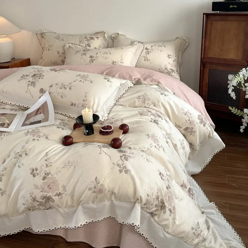 Vintage Floral Print Lace Luxury Bedding Set