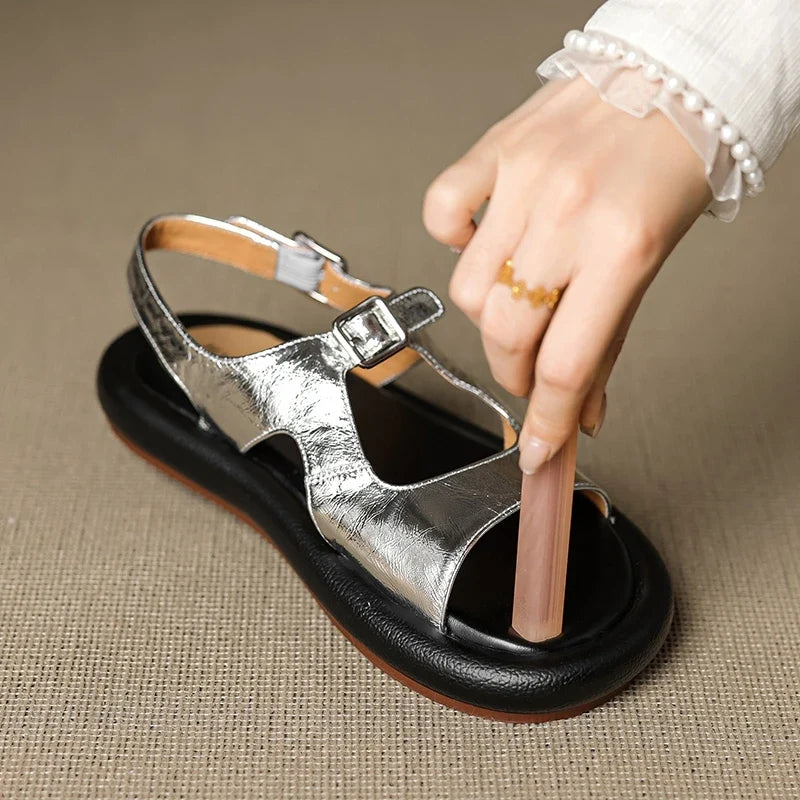 Leather Cowhide Retro Thick-Soled Elastic Buckle Middle Heel