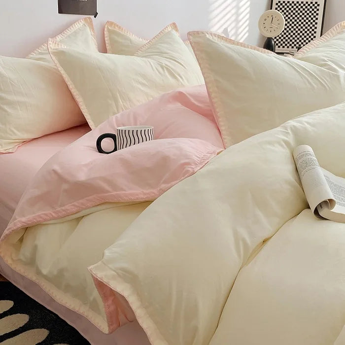 3 Pcs Simple Solid Color Quilt Cover Set with Pillowcases Stitching Design King Queen Size Bedding Set