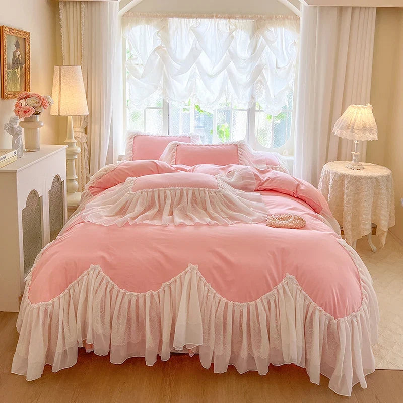 4/6Pcs Pink White Princess Wedding Bedding Sets