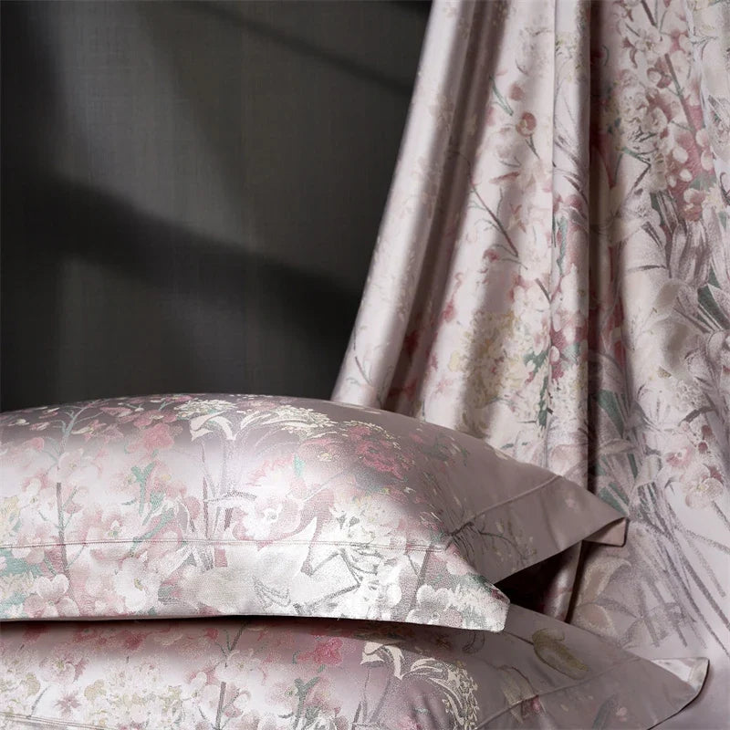 Luxury Botanical Jacquard 1000TC Egyptian Cotton Bedding Set, Soft Silky Satin Duvet Cover Set Flat/Fitted Sheet Pillowcase 4Pcs