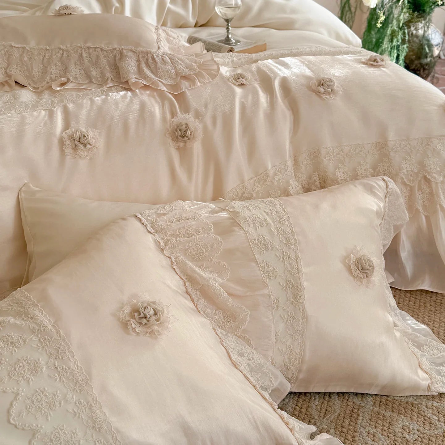 Luxury Lace Ruffles Lyocell Bedding Set, Soft Cooling Flower Duvet Cover Set Bed Sheet/Bed Skirt/Fitted Sheet Pillowcases 4Pcs