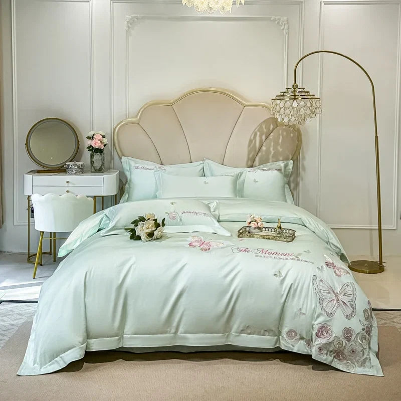 100% Cotton Butterfly Flowers Embroidery Luxury Bedding Set