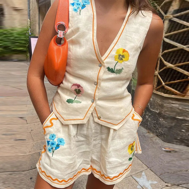 Pure Jealousy Floral Embroidered Shorts Set