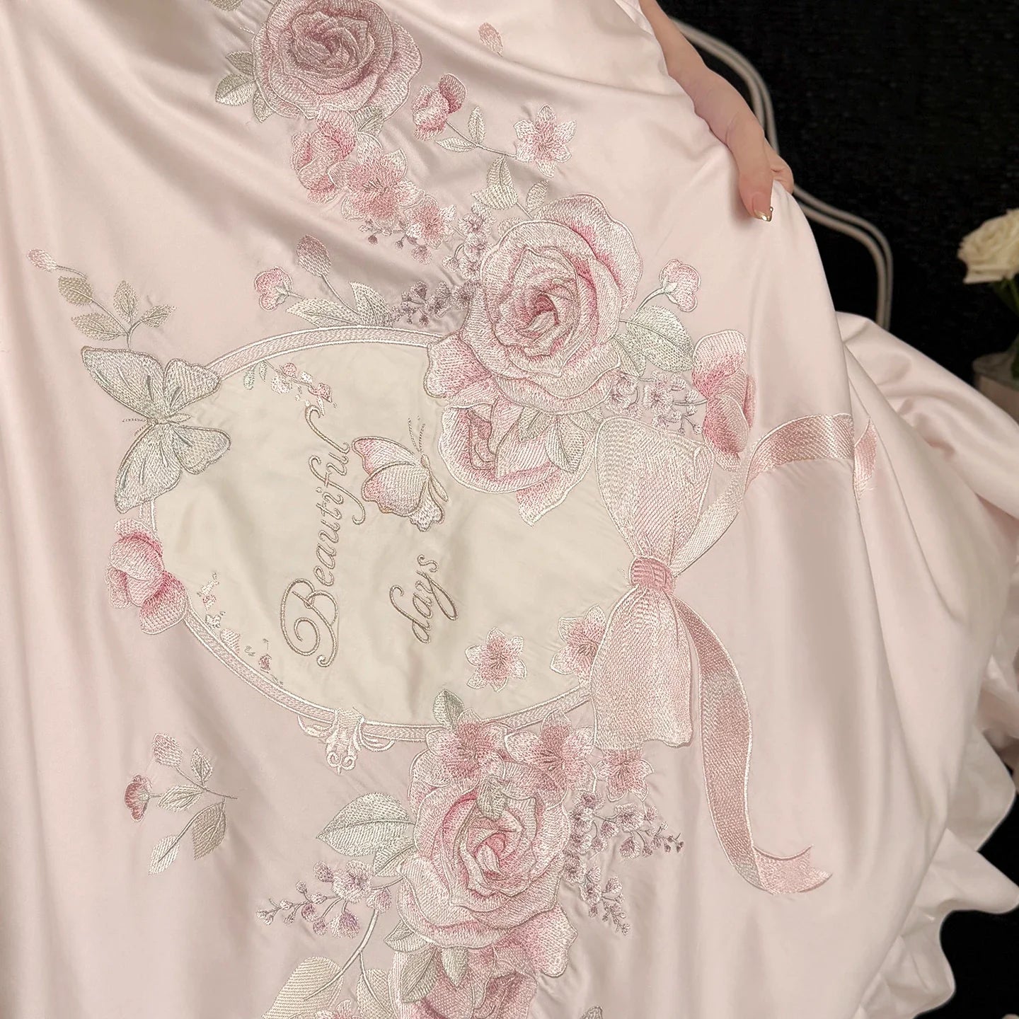 Pink Flowers Embroidery Ruffles Luxury Bedding Set