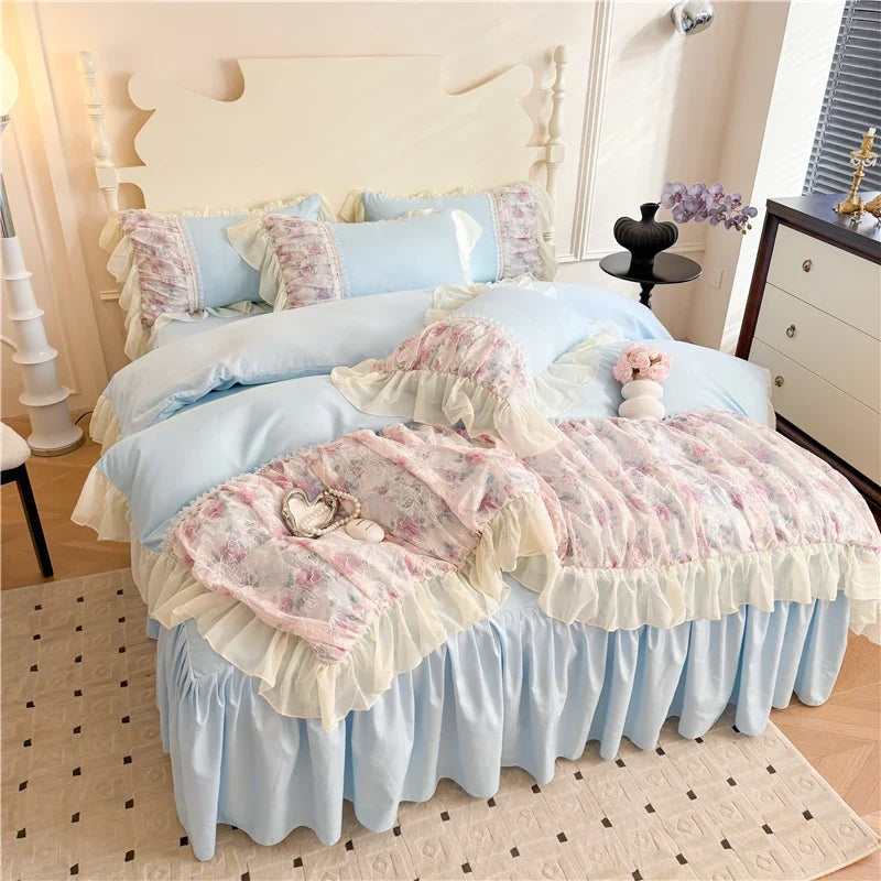 3/4Pcs Princess Style Pink Floral Print Lace Ruffle Boiled Cotton Bed Set Queen Size Double Bed Linen Full-Size For Room