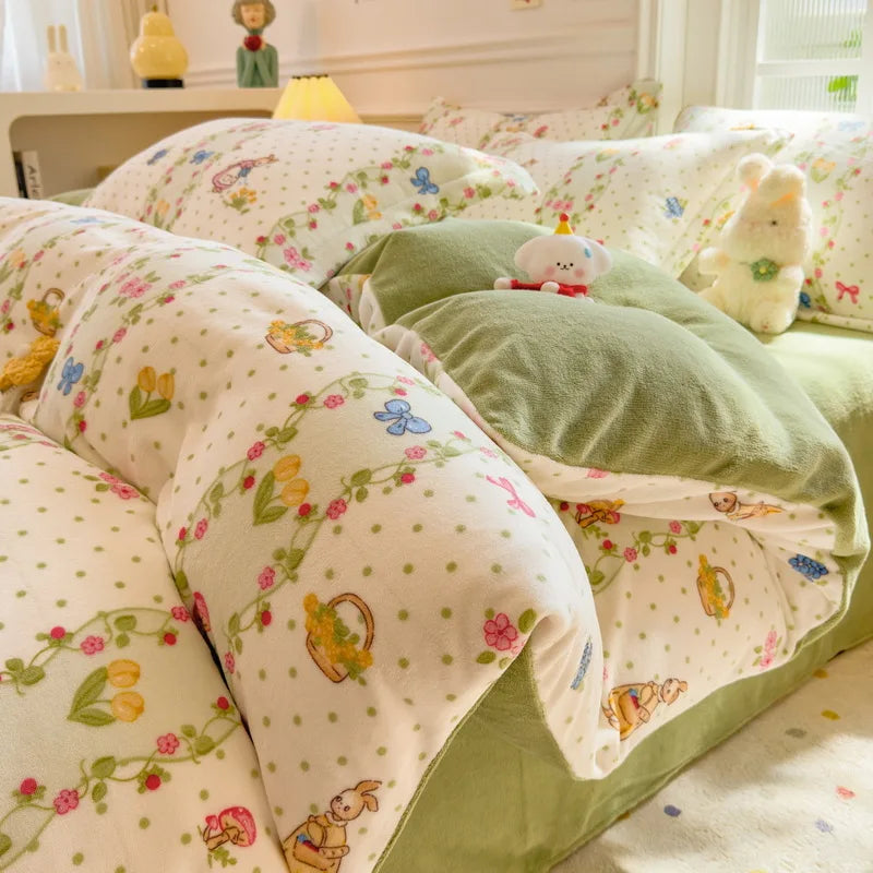 Cartoon Print Milk Velvet Duvet Cover Set Sheet Pillowcase Winter Plush Comforter Cover Set Home Textile Queen King Bedding Set