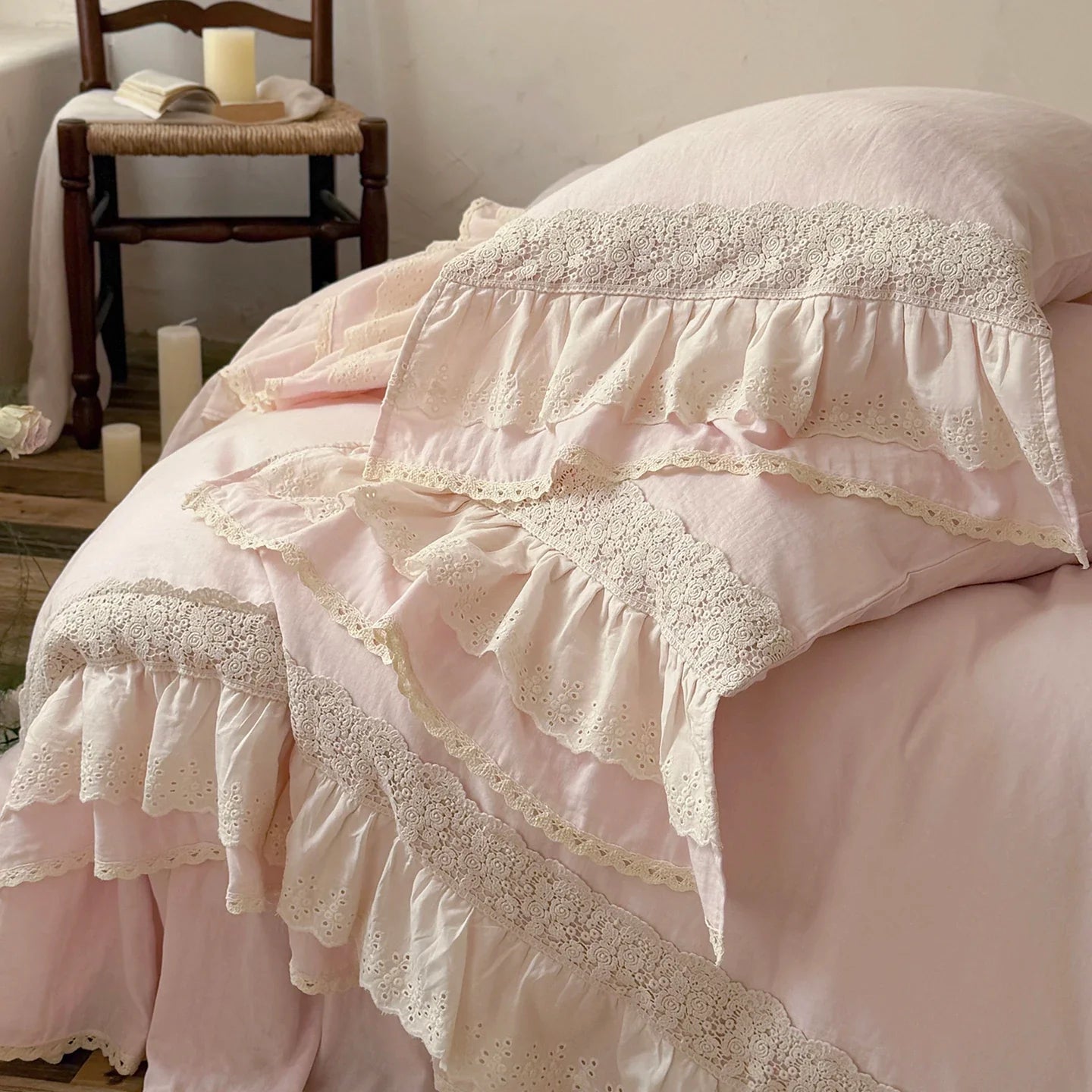 Romantic Double Layer Lace Ruffles 100% Cotton Double Gauze Princess Wedding Bedding Set