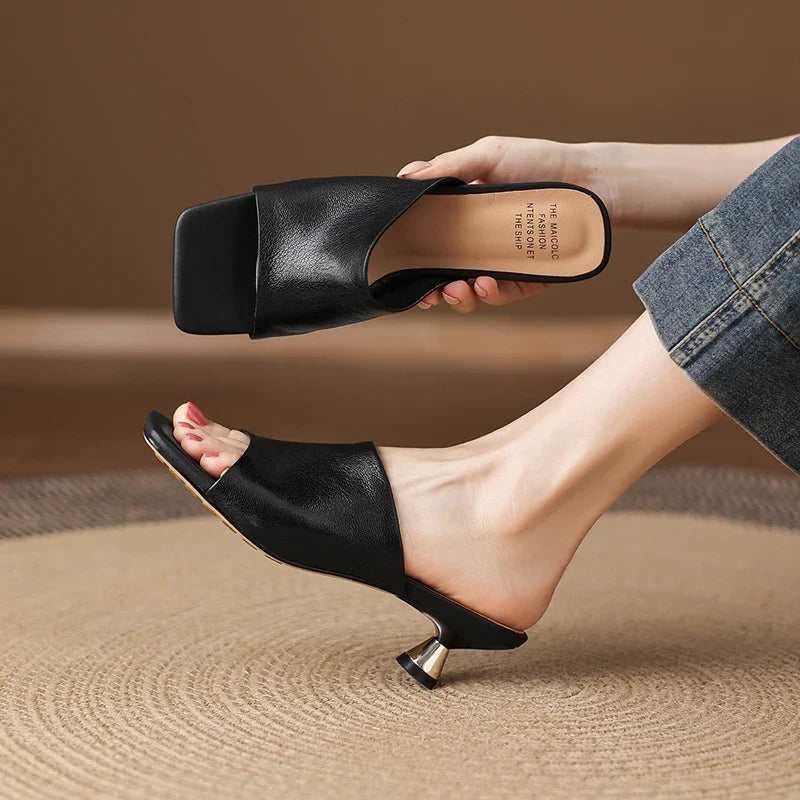 sheepskin square toe gold-plated middle Heel