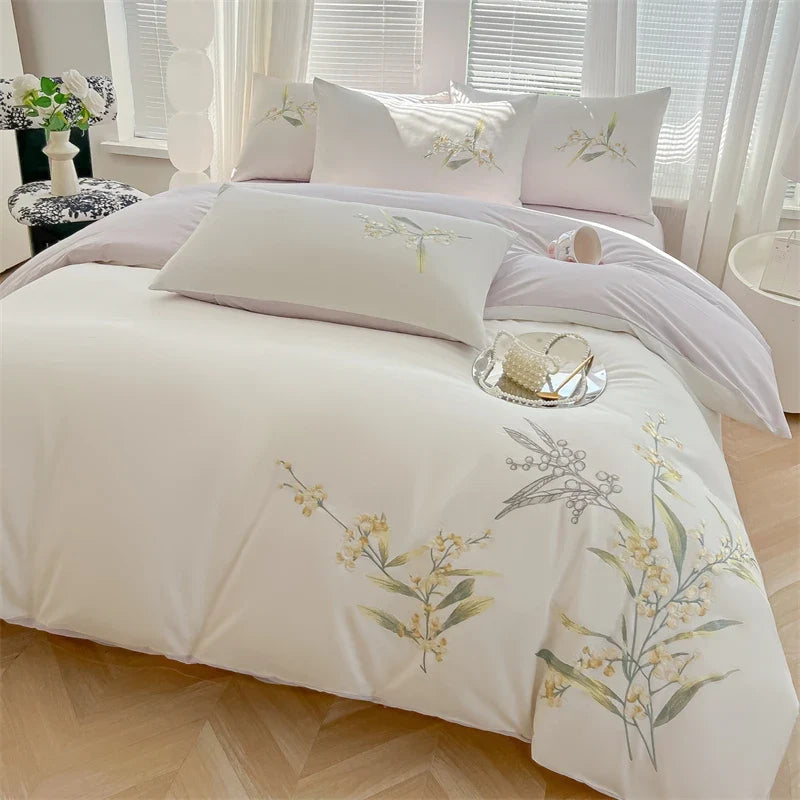 100% Cotton Floral Embroidery Luxury Bedding Set