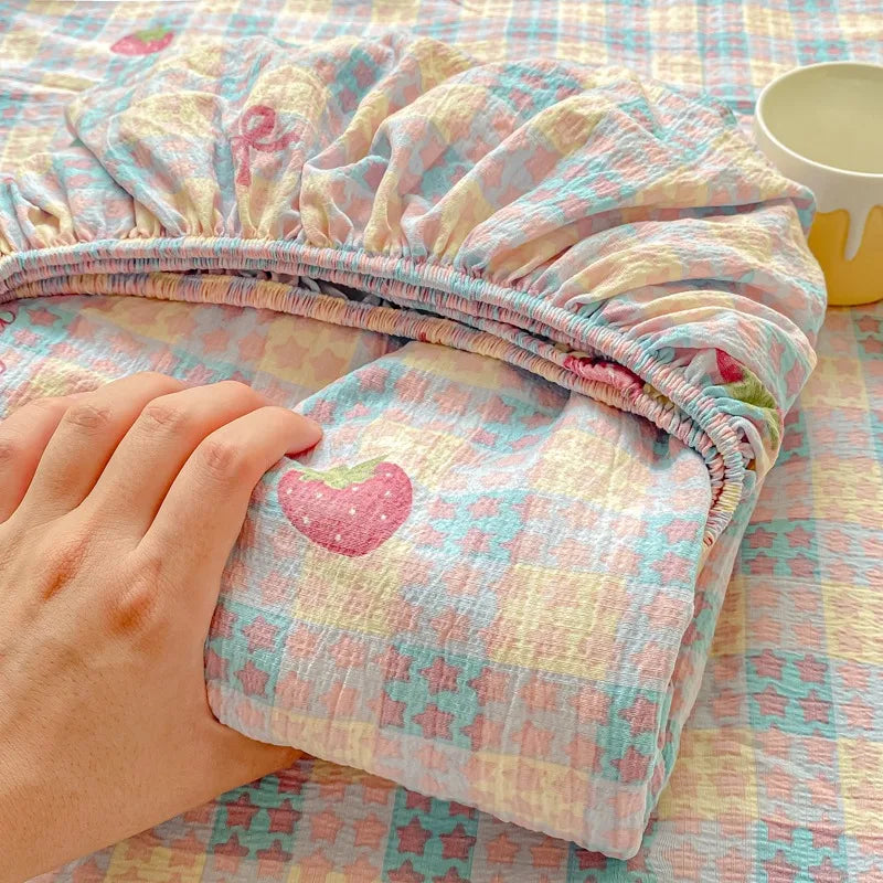 Soft Summer Fitted Bed Sheet with Elastic Band Cute Cherry Floral Single Double Queen Size 90/120/150/180/200 Bed Cover