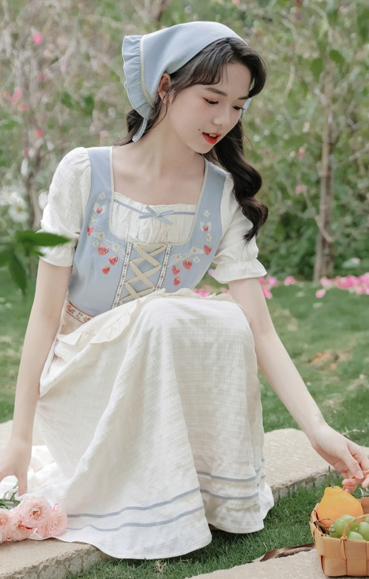 Strawberry Garden 3-Piece Set Cottagecore Dress with Head Scarf