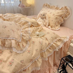 3/4Pcs Korean Princess Style Floral Lace Ruffle 100% Cotton Bedding Set