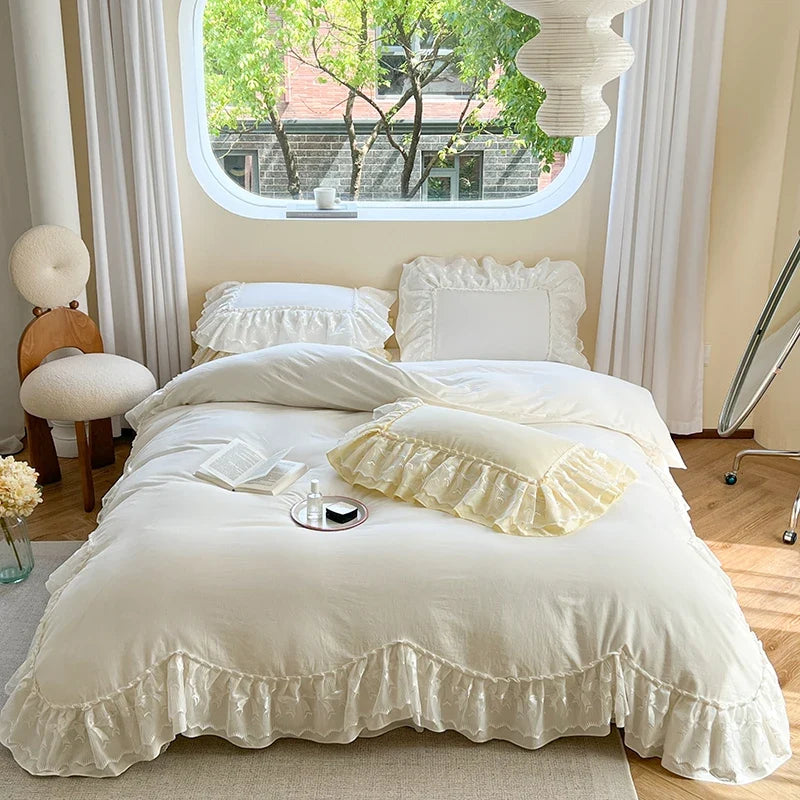 100% Cotton Korean Princess Wedding Lace Ruffles Bedding Set