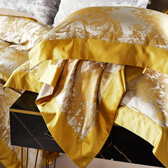 4/6Pcs Luxury Beige Gold Brocade Jacquard Egyptian Cotton Patchwork Bedding Set