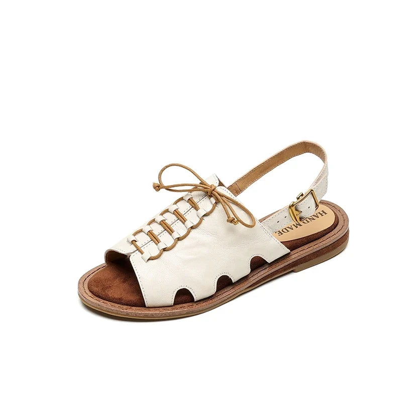 leather sheepskin elastic lace up low Heel