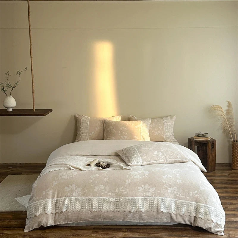 Vintage Floral Jacquard Cotton Linen Blend Lace Embroidery Luxury Bedding Set