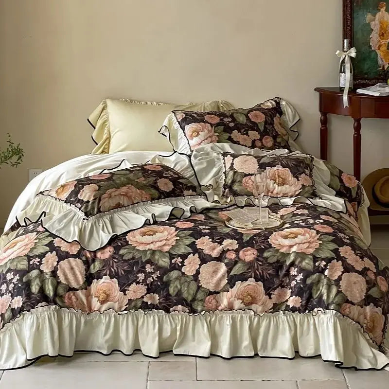 Premium 1000TC Egyptian Cotton Flowers Print Ruffles Princess Bedding Set