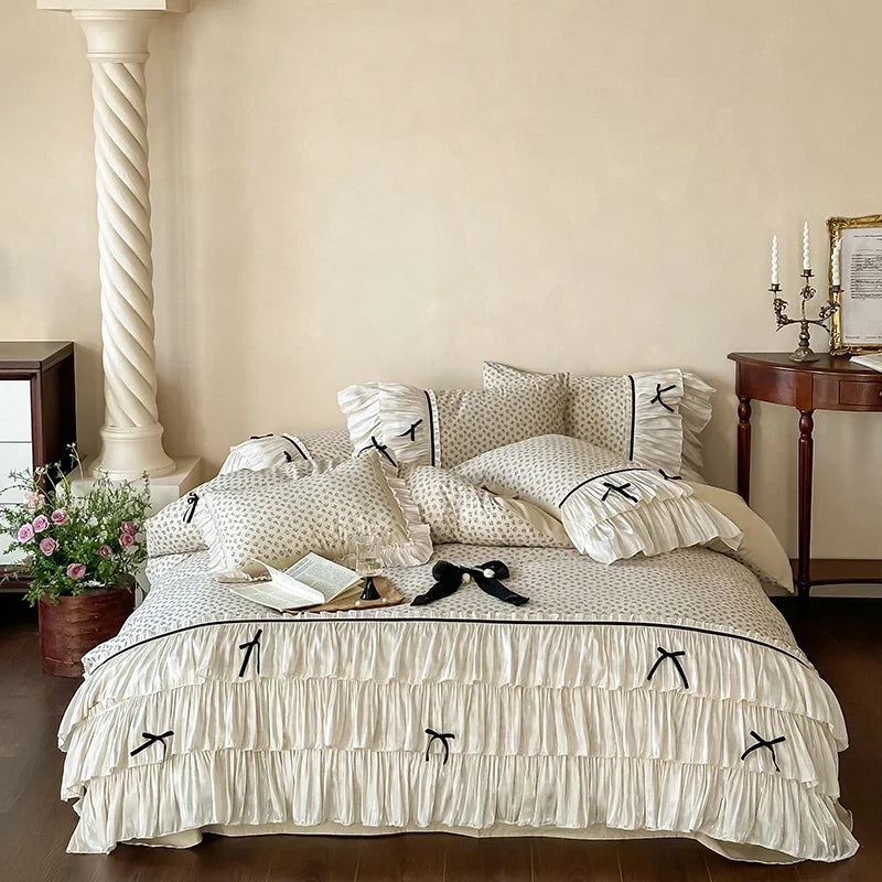 Vintage French Floral Three Layer Ruffles Bow Girl Bedding Set