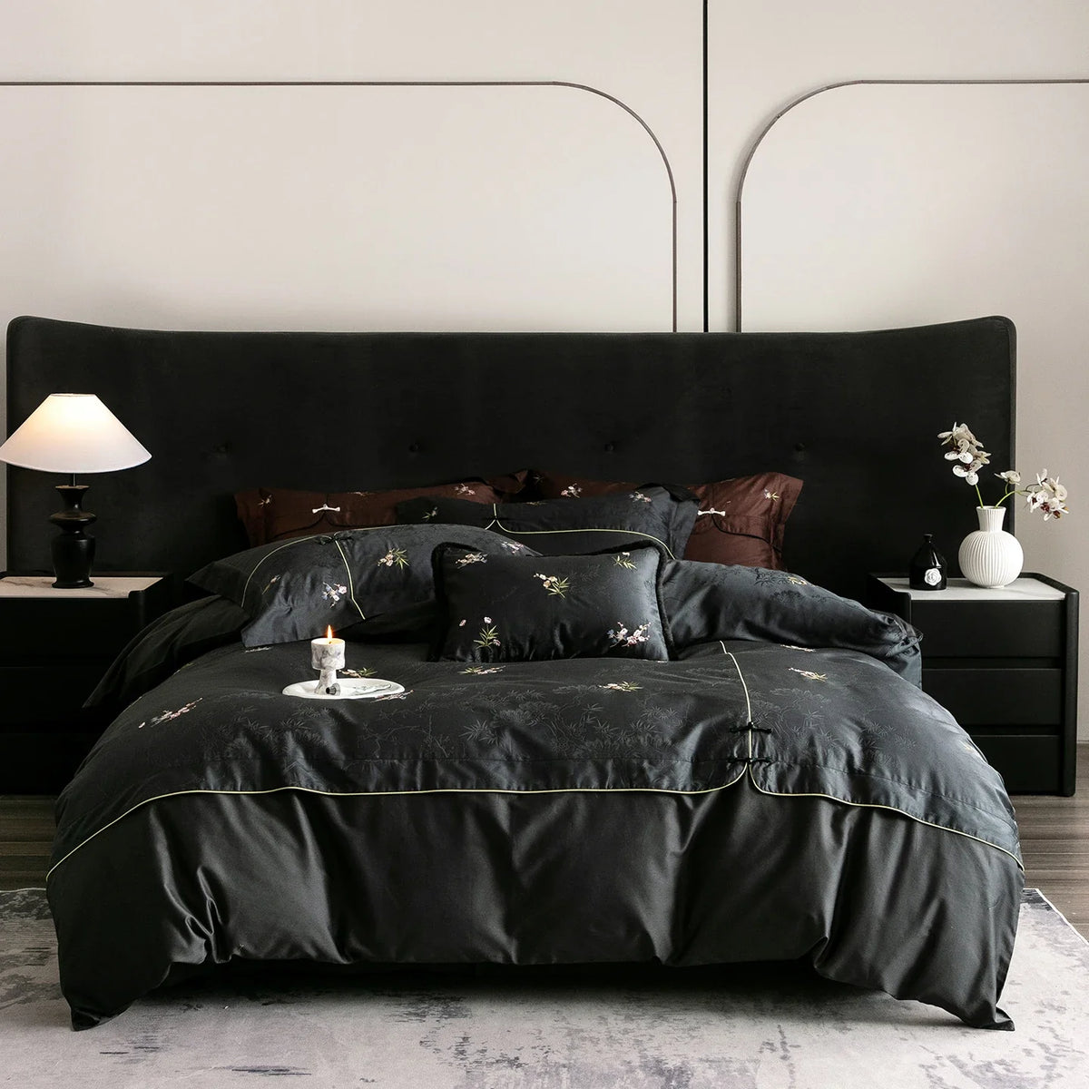 Chinese Style Bamboo Jacquard Plum Blossom Embroidery Egyptian Cotton Luxury Bedding Set