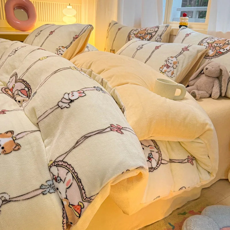 Cute Cartoon Winter Warm Quilt Cover Set Queen Bedding Set