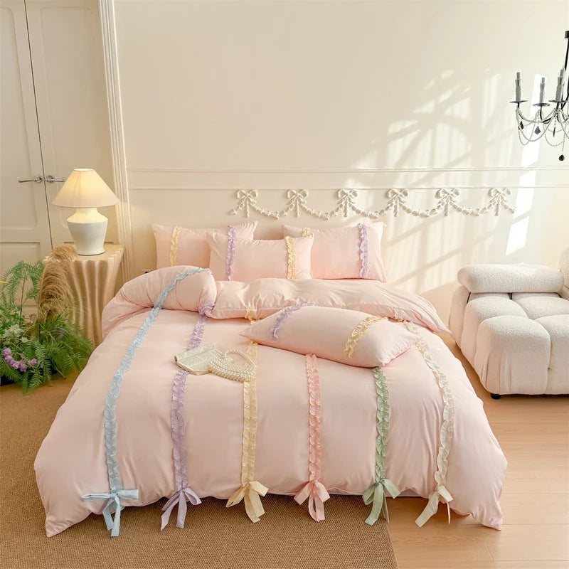 3/4Pcs Pink Ins-Style Princess Colorful Bow Bedding Set