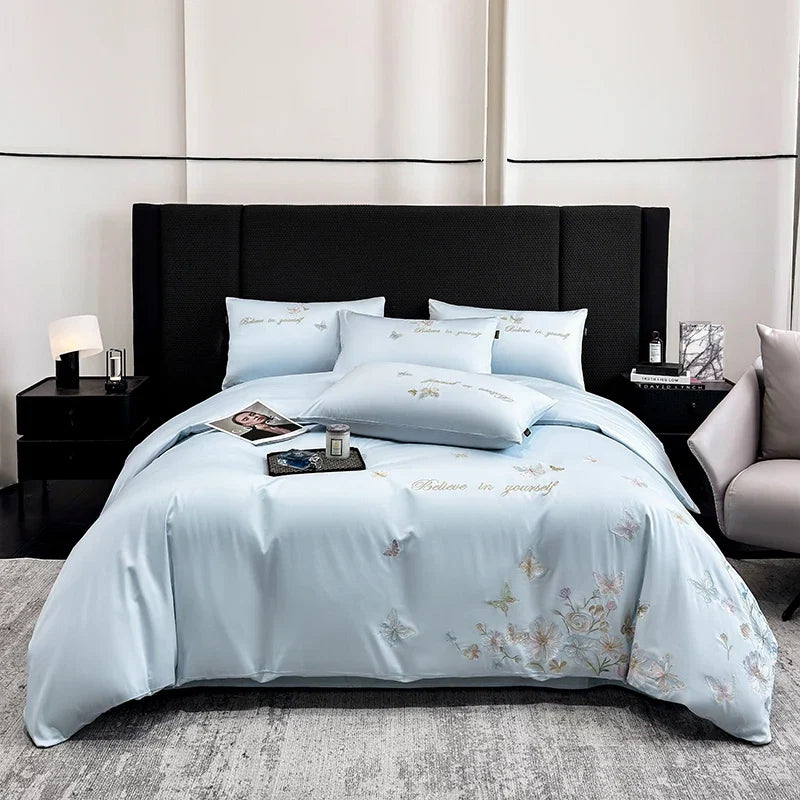 Chic Butterfly Flowers Embroidery 100% Cotton Luxury Bedding Set