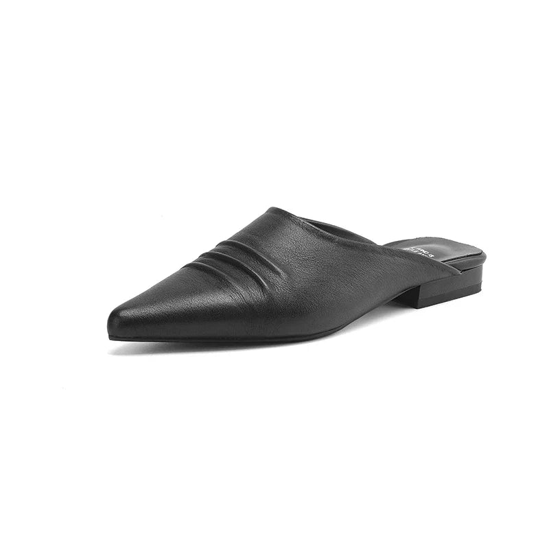 retro pleated cowhide pointed low Heel