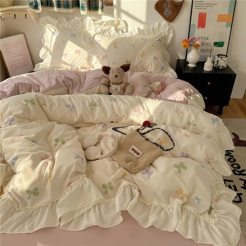 3/4Pcs Korean Princess Style Floral Ruffles Bedding Set