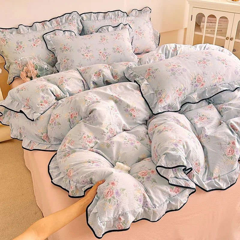 Heart Print Duvet Cover Set Princess Style Lace Ruffles Bedding Set