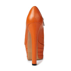Orange Cowhide Round Toe Platform Pumps