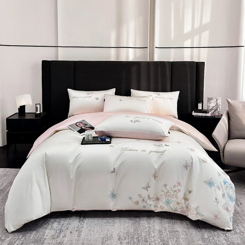Chic Butterfly Flowers Embroidery 100% Cotton Luxury Bedding Set