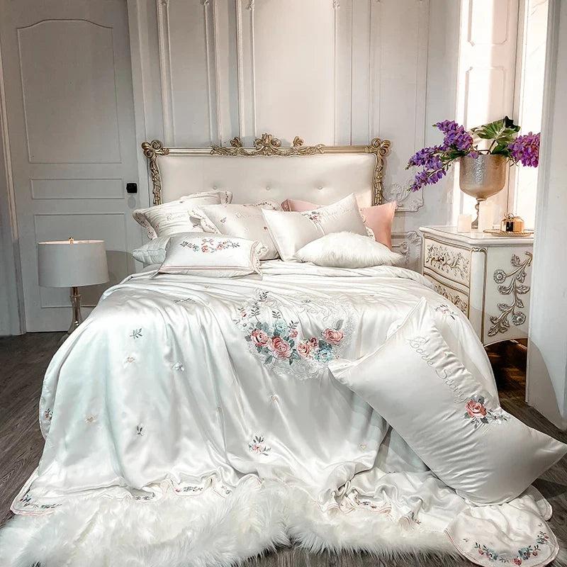 4/7Pcs Luxury Flowers Embroidery Lyocell Eucalyptus Fiber Silky Bedding Set