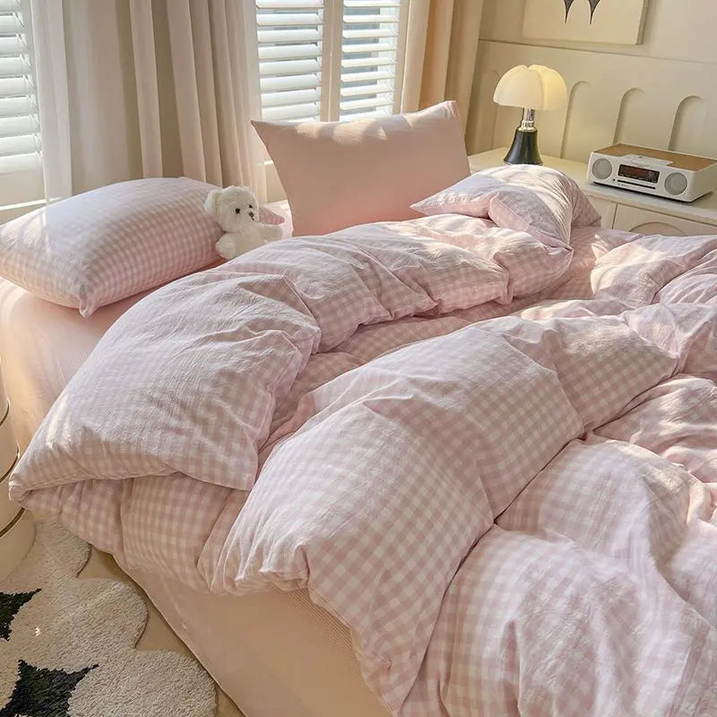 Blue Ins Nordic Duvet Cover Set No Filler Pink Green Pillowcase Flat Sheet Single Queen Size Fashion Bedding Set