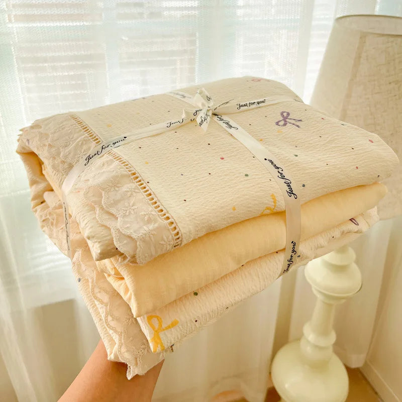 4pcs Floral Printed Duvet Cover Set Korean Lace Bedding Set