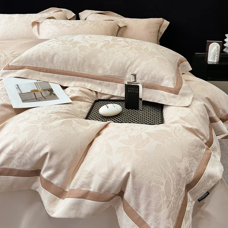 600TC Egyptian Cotton Flowers Jacquard Luxury Queen King Size Bedding Set